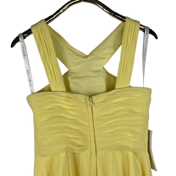 AZAZIE AMANI DAFFODIL YELLOW PLEATED CHIFFON HALTER KNEE LENGTH BRIDESMAID DRESS - Picture 7 of 13